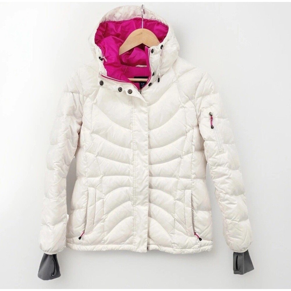 Lands End Women's Down Jacket White Size Small Hooded Full Zip Pink Lining